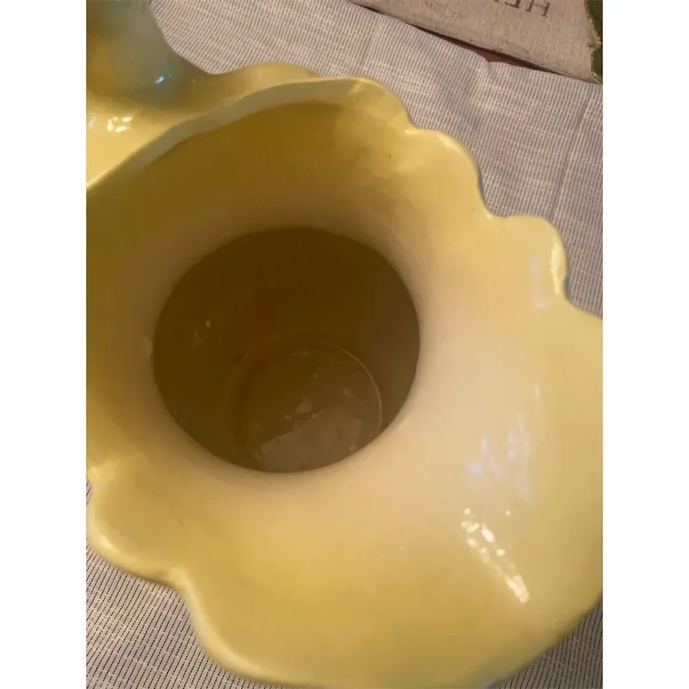 Vintage Yellow Ceramic Vase with Ruffled Top & Stylish Handle